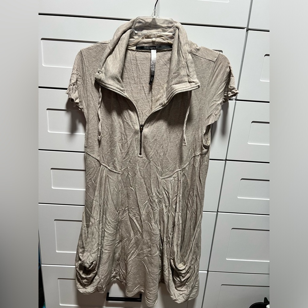 Kensie Gray Short Cap Sleeve Casual Pocketed Sweatshirt Dress (D1)